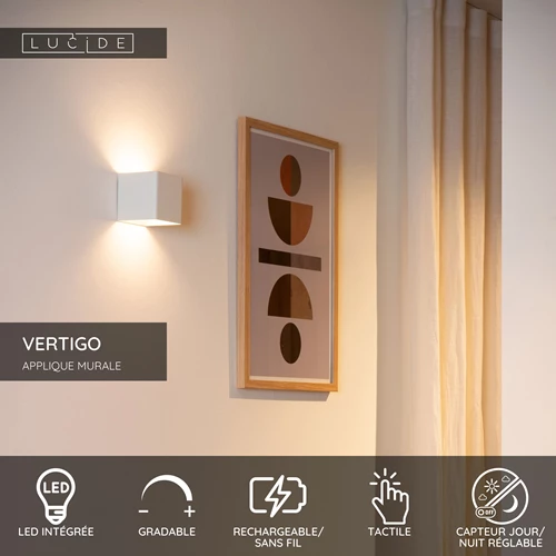 Lucide VERTIGO - Applique murale Rechargeable Intérieur/Extérieur - Batterie/Piles - LED Dim. - 1x6W 2700K - IP54 - Détecteur De Mouvement - Magnétique - Blanc - USP